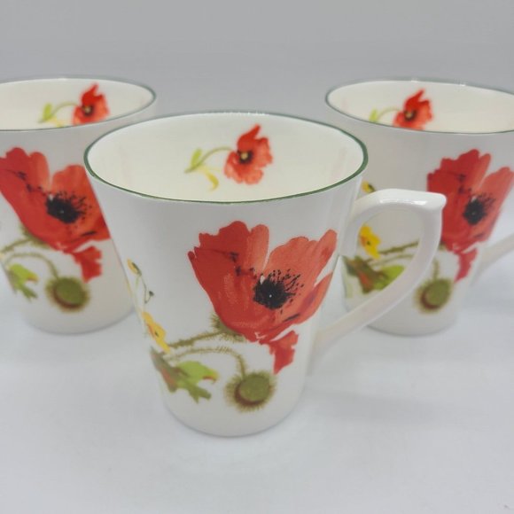 Set of 3 David Michael Staffordshire Bone China Mug Cup Red Poppy Floral England - Picture 1 of 12